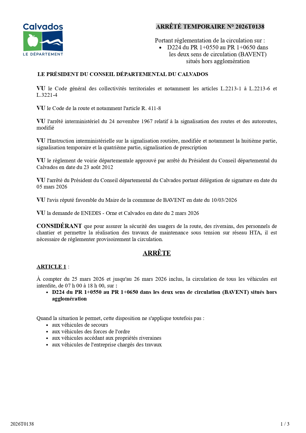 Première page de l’arrêté départemental relatif aux travaux sur la RD224