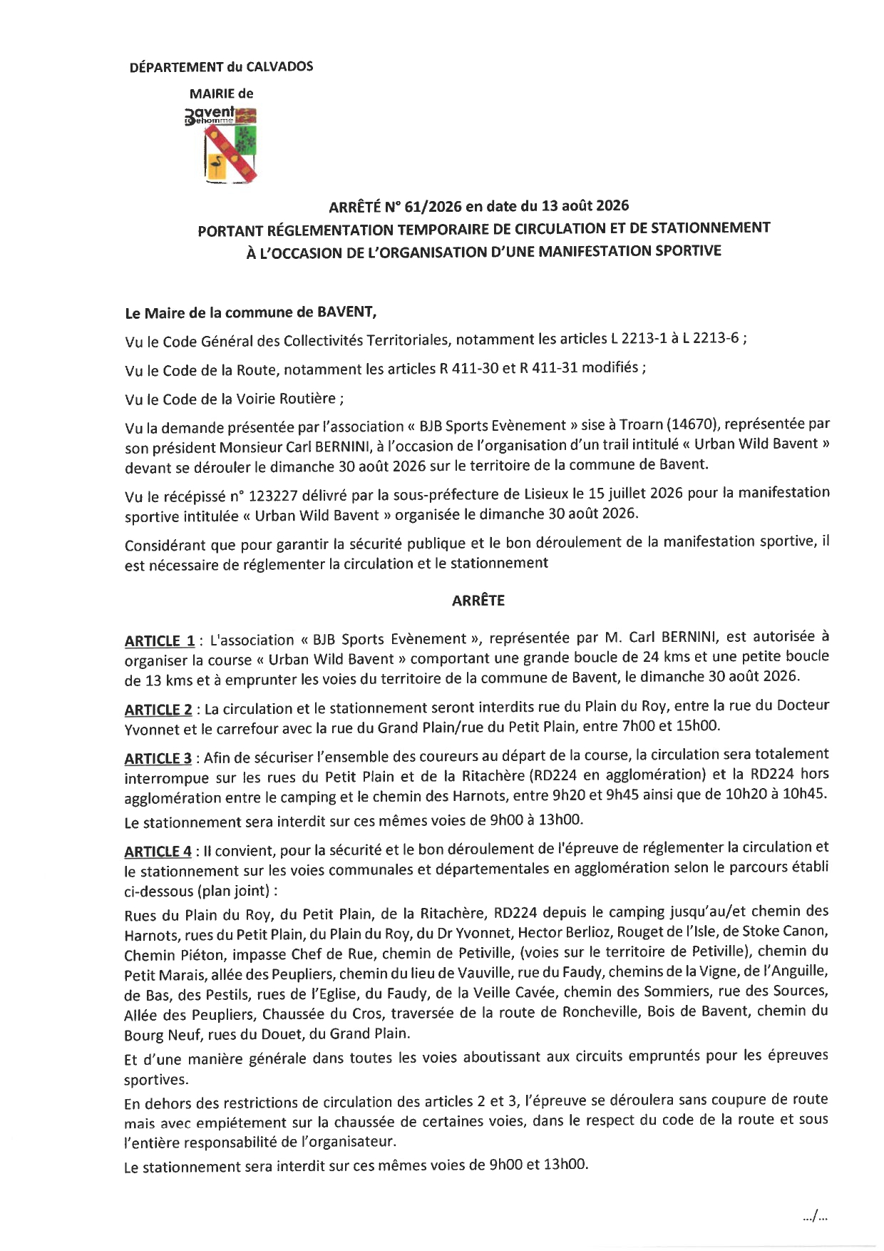 PremiĂšre page de l'arrĂȘtĂ© municipal n° 61/2026